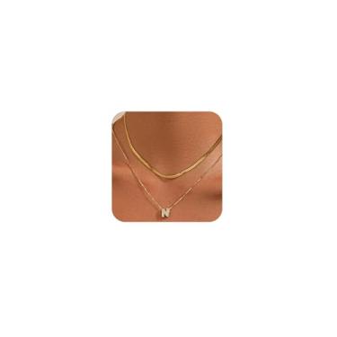 Imagem de KLSURPRISE2 Colar feminino com letra mini bolha – Colar delicado com inicial de zircão banhado a ouro 18 k manchado espinha de peixe em camadas para presente, Large, Cobre, Zircão