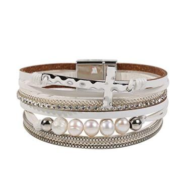 Imagem de Pulseiras cruzadas femininas – Pulseira de couro com cruz de pérola, pulseira para meninas, irmãs e mães