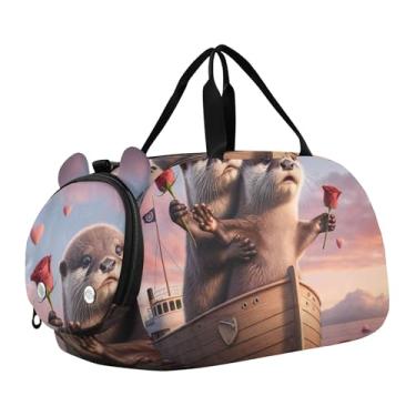 Imagem de Bolsa esportiva para meninos, fofa, coala, pôr do sol, romance, fim de semana, para viagem, bolsa de ginástica, bagagem infantil, Cute Otters Passeio de Barco dos Namorados, Clássico