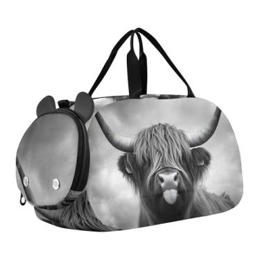 Imagem de Bolsa esportiva mística de gato preto com flores tropicais para meninas, bolsa de viagem noturna, com alça de ombro para meninos, Vaca Mystic Highland Monocromática, Clássico