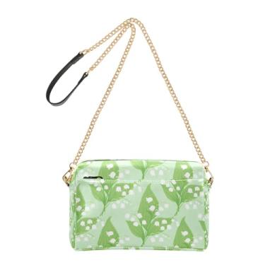 Imagem de Bolsa feminina transversal branca floral lírio verde bolsa para celular bolsa de ombro com alça de corrente de couro PU