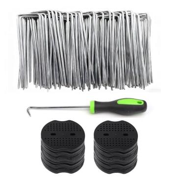 Imagem de Grampos de paisagem galvanizados 100 peças de 100 peças com junta de 100 peças, estacas de tecido de paisagismo, estacas de barreira de ervas daninhas, pontas de jardim, grampos de cobertura de solo
