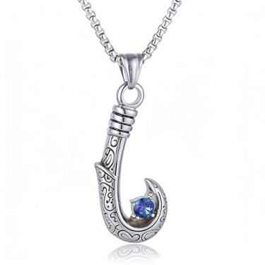 Imagem de Colar com pingente de anzol havaiano para homens e mulheres incrustado com zircônia azul, aço inoxidável 316L, corrente de pérola quadrada de aço inoxidável prateado, joia vintage para presente