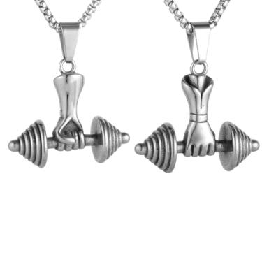 Imagem de Colar masculino com pingente de haltere hip hop punk rock, aço inoxidável 316l, corrente quadrada de pérola de aço inoxidável prata, joia talismã personalizada