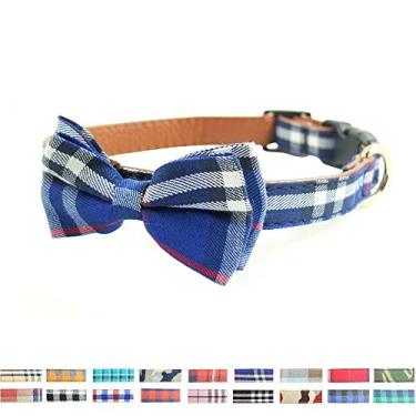 Imagem de Coleira para cachorro com laço – adorável coleira para cachorro de couro e algodão macio xadrez resistente para cães pequenos, médios e grandes, raça, filhote ajustável, 18 cores, 3 tamanhos (azul xadrez 2, P 25,4 - 35,6 cm)