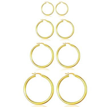 Imagem de 4 pares de brincos de argola de ouro prata para mulheres, 30/40/50/60 mm, aço inoxidável, banhado a ouro prata 14 K, hipoalergênico, moderno, leve, conjunto de brincos de laço, Large, Aço inoxidável