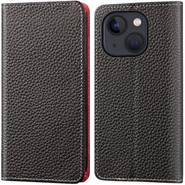 Imagem de BKUANE Litchi Pattern Flip Case para Apple iPhone 13 Mini (2021) 5,4 polegadas, carteira de couro magnética Folio Kickstand capa de telefone [porta-cartão] (Cor: Preto)