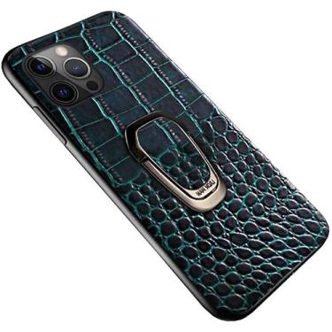 Imagem de KKFAUS Capa de telefone traseira do motorista com suporte magnético para dedo, para Apple iPhone 13 Pro Max (2021) Capa à prova de choque de couro padrão crocodilo de 6,7 polegadas (Cor: azul)