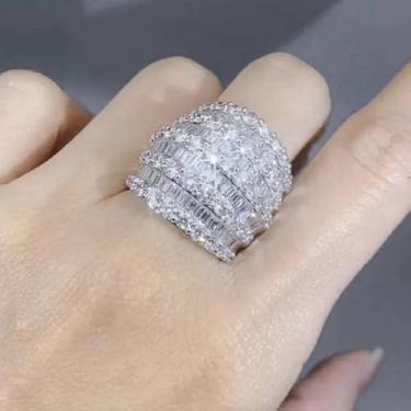 Imagem de Anel largo multicamadas de meio círculo CZ para mulheres, acessórios de festa de noivado, 6, Latão, Zircônia cúbica