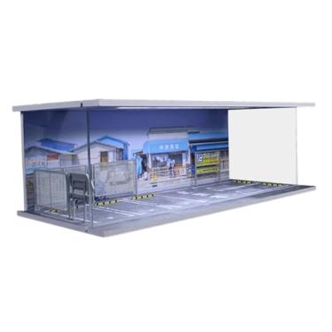 Imagem de menolana Diorama em escala 1/64 com 6 vagas de estacionamento, iluminação, proteção contra poeira e layout de estacionamento. Caixa de exibição para brinquedos, Cafeteria
