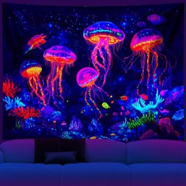 Imagem de NYZE Tapeçaria de luz negra que brilha no escuro, pôster legal, paisagem, decoração de parede fácil de pendurar para sala de estar, dormitório, casa (água-viva, 200 x 149 cm)