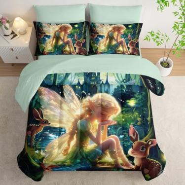 Imagem de AILONEN Conjunto de edredom solteiro de fada borboleta, princesa e alce, cama temática floresta misteriosa em uma bolsa, edredom e lençol de cima, 2 fronhas, 2 fronhas