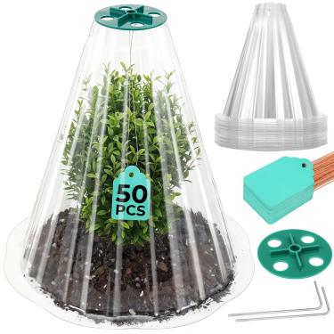 Imagem de Cloches para plantas, 50 peças de coberturas de plantas transparentes, cloches de jardim com cúpulas de umidade, pinos de fixação e etiquetas de plantas, protetores de plantas reutilizáveis de animais