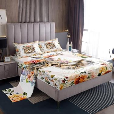 Imagem de Feelyou Jogo de lençol solteiro solteiro com estampa floral e estampa de gatinho kawaii para meninos e meninas com bolso profundo