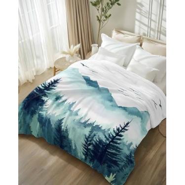 Imagem de Cobertores, manta de flanela de flanela de árvore de montanha em aquarela, cobertor de cama macio de luxo, tema turquesa cênica natural, cobertor de TV felpudo aconchegante de lã quente para sofá