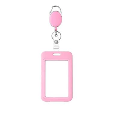 Imagem de Porta-crachá deslizante vertical de plástico com carretel retrátil e mosquetão - protetor de cartão para identidade, licença, chave e cartões de crédito (rosa)