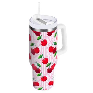 Imagem de SEHANY Copo de cereja fofo de 1,134 g com alça, copo isolado de aço inoxidável de parede dupla, à prova de vazamento, caneca de café isolada para viagem, cabe no suporte de copo de carro