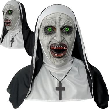 Imagem de QPQEQTQ Máscara assustadora de freiras 2024, festa de Halloween, terror sobrenatural, máscara de fantasia de cabeça inteira com colar de cruz verde