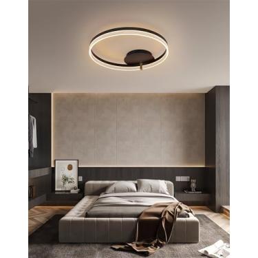 Imagem de Luminária de teto LED moderna, dimerizável, em formato de anel, com montagem embutida, na cor preta, com controle remoto e função de memória. Ideal para iluminação de tetos em salas de estar