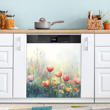 Imagem de SEHANY Capa magnética colorida de campo silvestre para lava-louças, adesivos magnéticos decorativos antiarranhões para painel de geladeira e lava-louças, decoração de flores de fazenda de cozinha