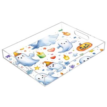 Imagem de xigua Bandeja de servir de acrílico fantasma de Halloween com alças à prova de derramamento, bandejas decorativas de festa de Halloween, bandeja organizadora de bancada para banheiro, cozinha, 30,5 x