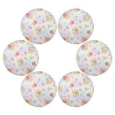 Imagem de Wassud Jogo americano conjunto de 6 tapetes de mesa redondos com corações preguiças para cozinha e jantar, tapetes laváveis e resistentes ao calor, decoração de mesa 39 cm