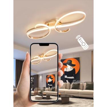 Imagem de Luminária de teto LED regulável para sala de estar, iluminação moderna para quarto com controle remoto, design em espiral metálica (dourada, 100 cm)