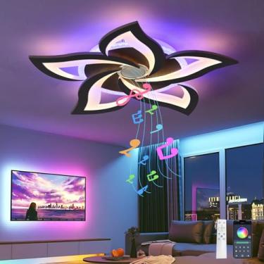 Imagem de Luminária de teto RGB com controle remoto por aplicativo, alto-falante Bluetooth, 3 temperaturas de cor, lustre com timer, luz noturna regulável e função de memória para quarto, preta.