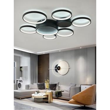 Imagem de Luminária de teto LED moderna embutida com controle remoto, dimerizável, design de 7 anéis, preta, para sala de estar, iluminação de teto interna redonda para sala de estar e hall (Preta)