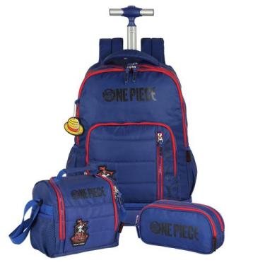 Imagem de Kit Mochila One Piece de Rodinhas Lancheira E Estojo Triplo, Azul