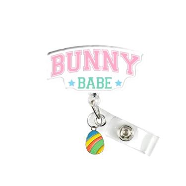 Imagem de Carretel de crachá Bunny Babe, lindo porta-crachá retrátil de primavera de Páscoa com clipe jacaré, suporte de etiqueta de identificação de coelho, presente para enfermeira, médico, estudante