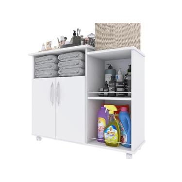 Imagem de Armário Organizador Móvel com Rodízios, 4 Prateleiras, Porta com Dobradiças, Branco, para Banheiro e Lavanderia