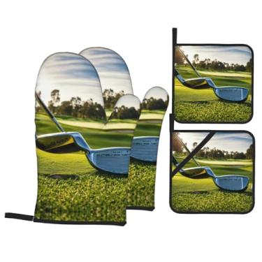 Imagem de Luvas de cozinha resistentes ao calor com estampa de taco de golfe e suporte de panela, luvas de forno confortáveis para cozinhar