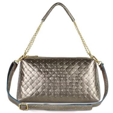Imagem de TAKEASY Bolsa tiracolo feminina de couro genuíno italiano com camurça metálica em relevo e alça de corrente | Bolsa de ombro média, Bronze, Small, Bolsa transversal de tecido conversível com alça de