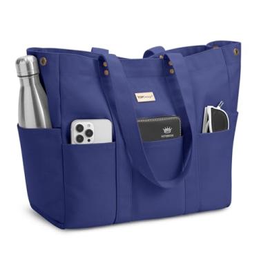 Imagem de TOPDesign Bolsa grande de lona para mulheres, bolsa de ombro com manga e bolsos para laptop, tudo para viagens, trabalho, Azul marinho, Large