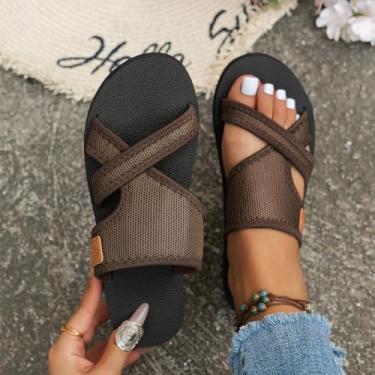 Imagem de Sapatilhas femininas com tiras cruzadas de malha – Sandálias plataforma confortáveis, bico aberto respirável sem cadarço para verão na praia e caminhadas, A01/marrom, 36