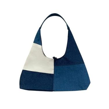 Imagem de Sacola feminina fashion com design de patchwork, bolsa de ombro de lona de grande capacidade, bolsa de ombro para transporte de bolsa feminina para presente, Azul