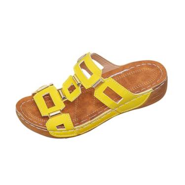 Imagem de Pantufas femininas modernas, casuais, estilo verão, cor sólida, boca de peixe, sola grossa, Amarelo, 36