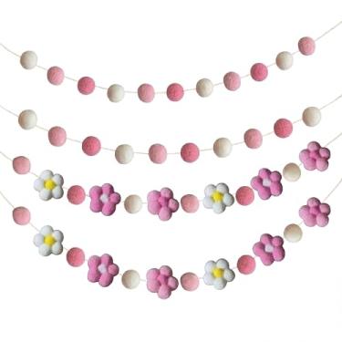 Imagem de Tatuo 3 peças de guirlandas de bola pompom 3D para primavera, margarida pastel, girassol, guirlanda de feltro floral, flor pendurada, decoração de primavera, para festas de aniversário, boho