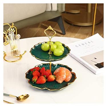 Imagem de Pratos de exibição de doces, prato de frutas de cerâmica de 2 camadas, prato Dim Sum, tigela de frutas secas, suporte de armazenamento de nozes doces, cesta de frutas/bandeja verde