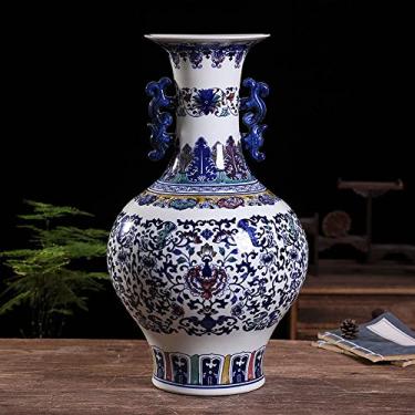 Imagem de Vaso de porcelana azul e branco pintado à mão de cerâmica, vaso multicolorido, jingdezhen, vaso grande chinês para casa, sala de estar, estante de livros, lareira de manto, centros de mesa (B)