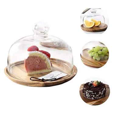 Imagem de Suporte de bolo com tampa, prato de madeira para bolo, sobremesa doméstica, cobertura de preservação de frutas, cúpula de vidro, chip e servidor de molho para restaurante (cor: cáqui, tamanho: * 20 x