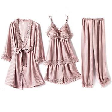 Imagem de HHHJQFAAT Pijama feminino 4 peças conjunto de pijama cami de cetim com roupão decote em V vestido de vestir acabamento em renda G conjunto rosa - A (conjunto de tinta a)