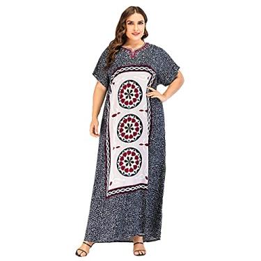 Imagem de 3FLQOOPP Roupão longo plus size casual feminino maxi vestidos bordados manga curta (azul 1X)