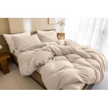 Imagem de CozyTide Conjunto de edredom queen de algodão, liso, leve, bege, cáqui, vintage, estético, conjunto de cama queen para todas as estações