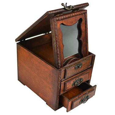 Imagem de Caixa de joias de madeira, três camadas com espelho de bloqueio, caixa de armazenamento retrô para anel, colar, brincos, pulseira, caixa de joias para mulheres