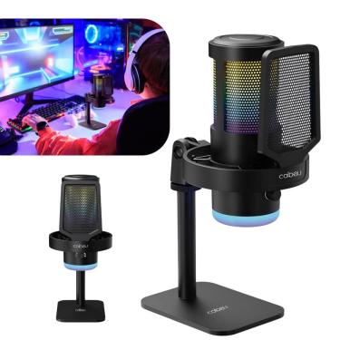 Imagem de Microfone Condensador Gamer RGB Coibeu C/ Pop-Filter e Suporte Shock Mount