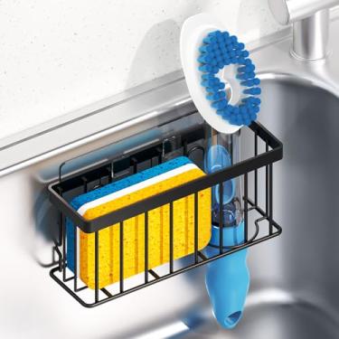 Imagem de MURLONG Suporte de esponja para pia de cozinha, organizador de pia com ventosas/tiras adesivas, design de suporte de esponja de prato para esponjas, esfregador, rolhas - preto