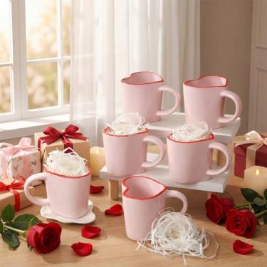 Imagem de Qinyoung 6 peças de presente de dia de galentina canecas de cerâmica rosa em forma de coração com cartões em forma de coração 293 ml canecas de café presentes de dia dos namorados para mulheres irmãs