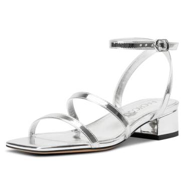 Imagem de Aachcol Sandália feminina de salto baixo com tiras, bico quadrado, salto grosso, couro envernizado, tira no tornozelo, sapatos de festa de casamento, salto de 4 cm, Prata, 37